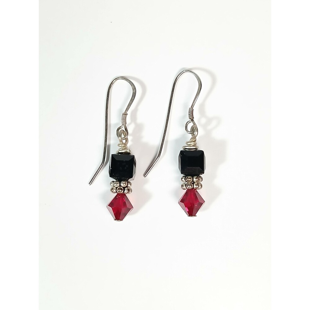 Sterling Silver Black Red Crystal Bead Dangle Earrings - Picture 6 of 16